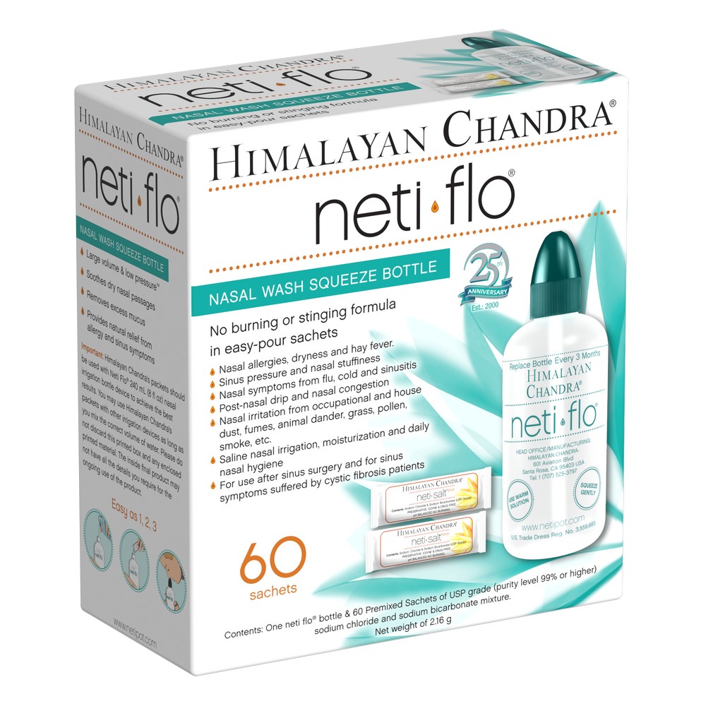 Himalayan Chandra Neti Flo nasal wash squeeze bottle kit with 60 premixed saline sachets displayed on packaging.